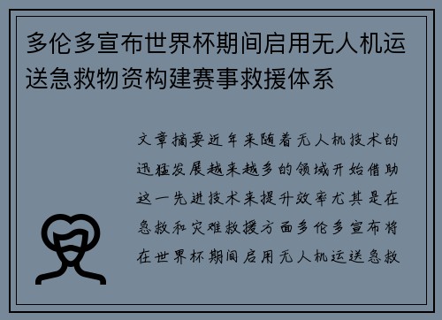 多伦多宣布世界杯期间启用无人机运送急救物资构建赛事救援体系