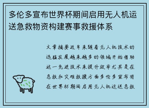 多伦多宣布世界杯期间启用无人机运送急救物资构建赛事救援体系
